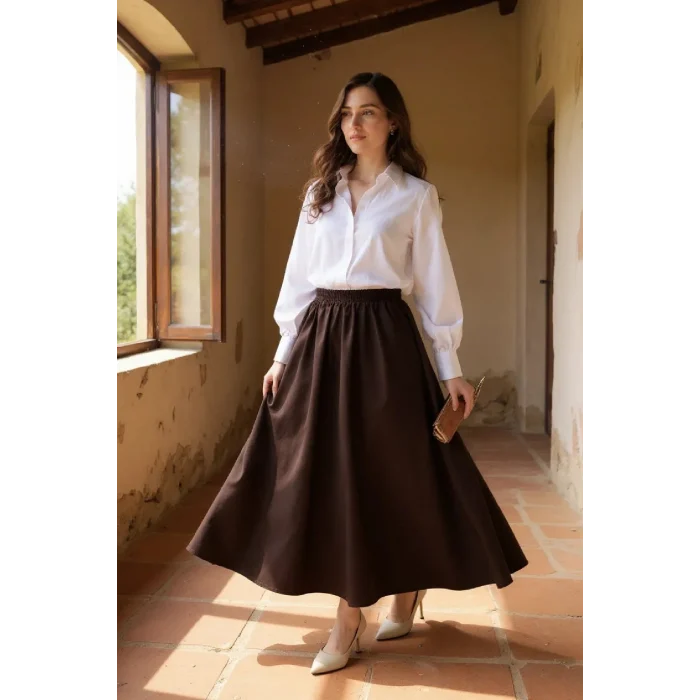 Kadın Kahverengi Double Kumaş Beli Lastikli Cepli Etek