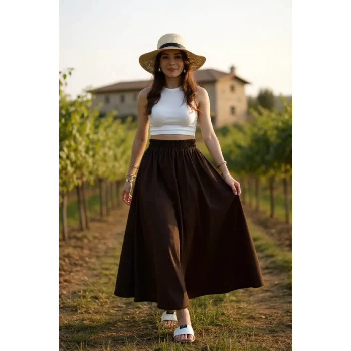 Kadın Kahverengi Double Kumaş Beli Lastikli Cepli Etek