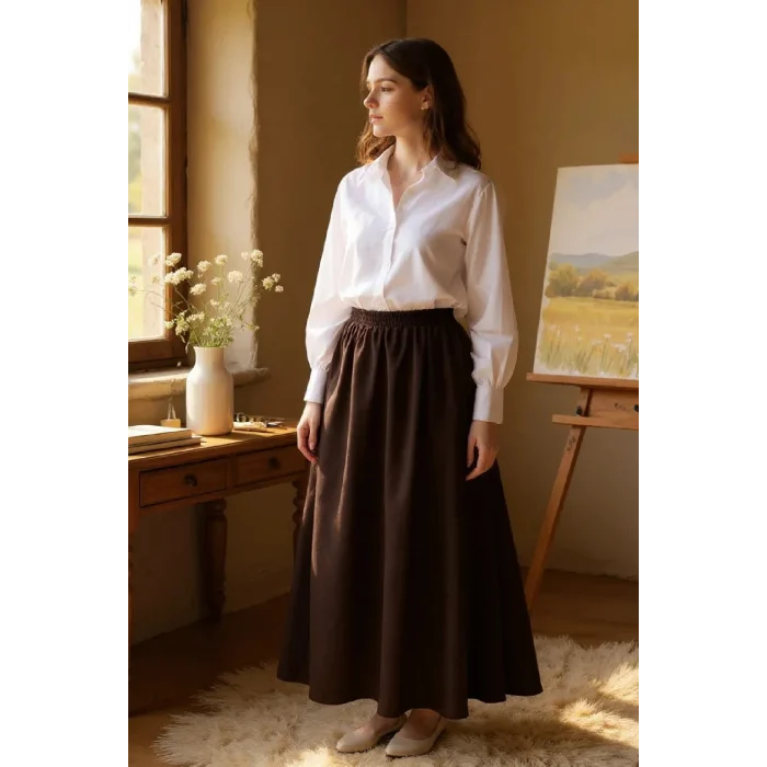 Kadın Kahverengi Double Kumaş Beli Lastikli Cepli Etek