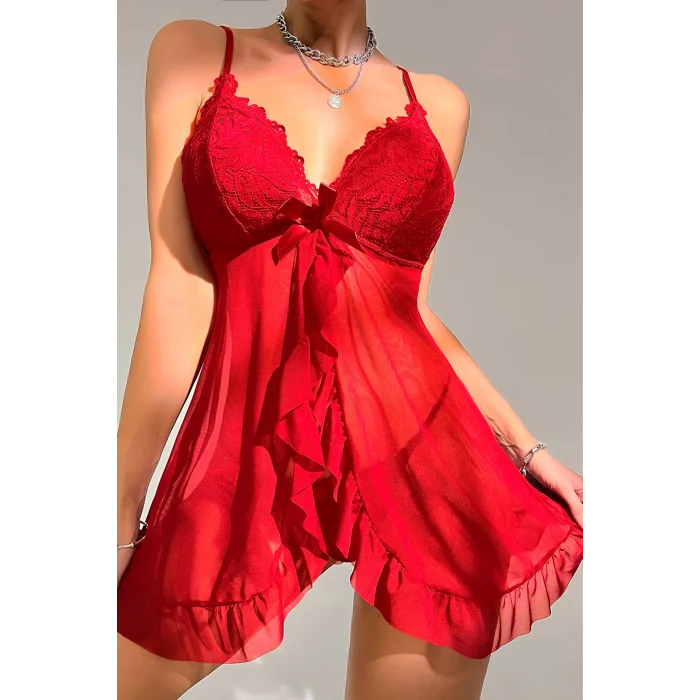 Kadın Kırmızı Dantelli, Fırfırlı Tül ve Fiyonk Detaylı Tangalı Gecelik Takımı – Modern, Konforlu