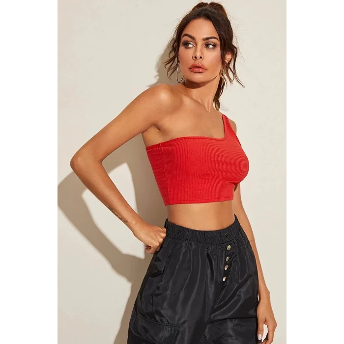 Kadın Kırmızı Tek Omuz Crop Büstiyer – Modern ve Şık Tasarım