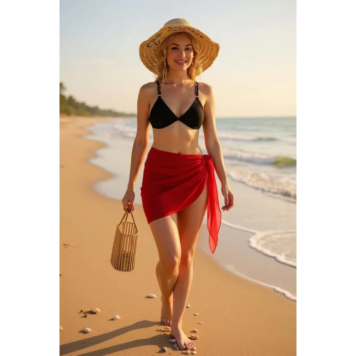 Kadın Kırmızı Transparan Belden Bağlamalı Pareo – Modern ve Şık Tasarım