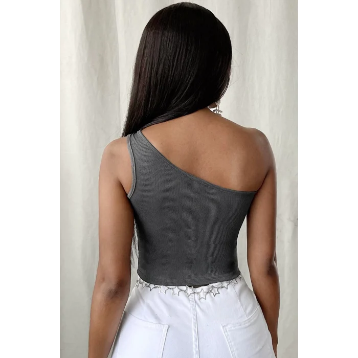 Kadın Koyu Gri Tek Omuz Crop Büstiyer – Modern ve Şık Tasarım