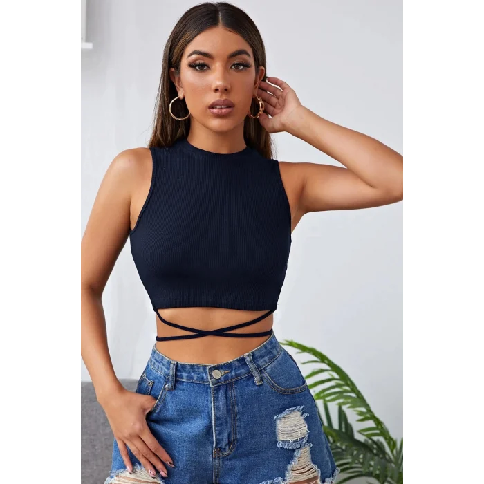 Kadın Lacivert Çapraz Bağlamalı Crop Top Büstiyer – Modern ve Şık Tasarım