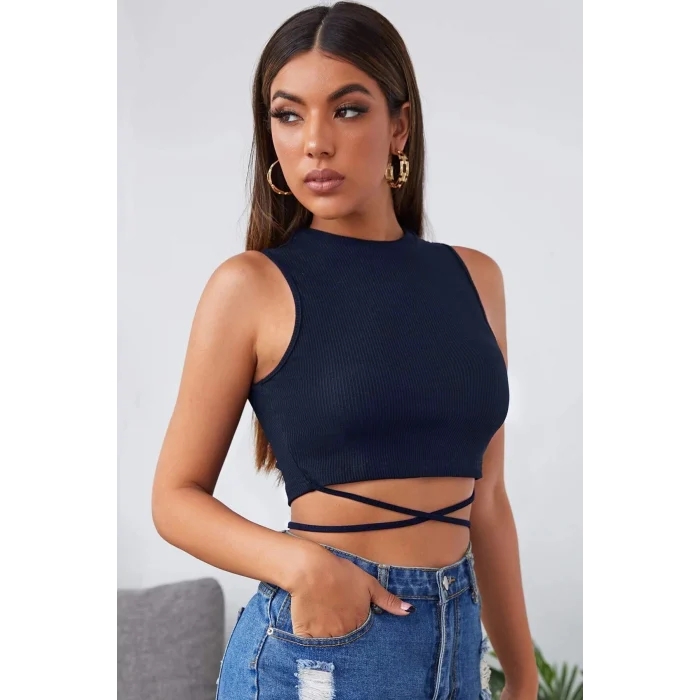 Kadın Lacivert Çapraz Bağlamalı Crop Top Büstiyer – Modern ve Şık Tasarım