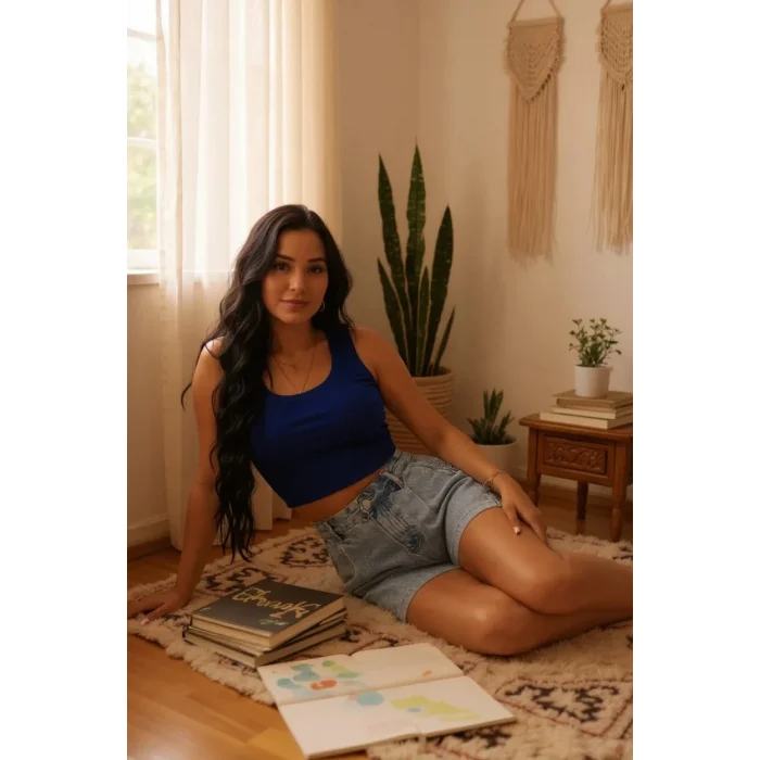 Kadın Lacivert Kare Yaka Crop Top Bluz – Şık, Rahat ve Kolay Kombinlenebilir