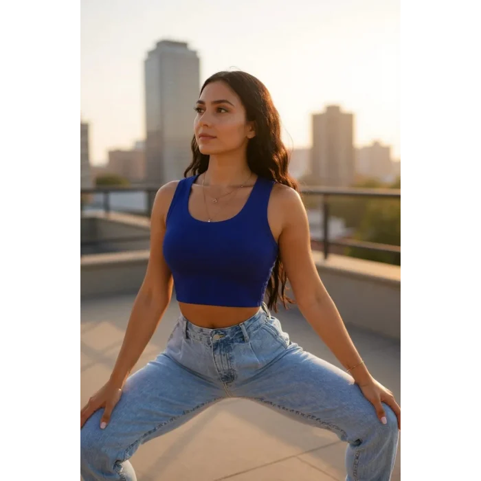 Kadın Lacivert Kare Yaka Crop Top Bluz – Şık, Rahat ve Kolay Kombinlenebilir