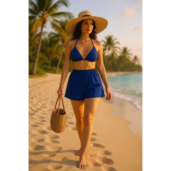 Kadın Mavi Şortlu Belden ve Boyundan Bağlamalı Bikini Takımı – Modern, Konforlu ve Günlük Kombinlere Uygun