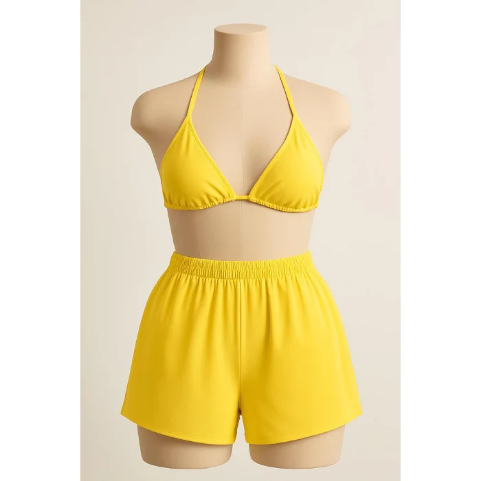 Kadın Sarı Şortlu Belden ve Boyundan Bağlamalı Bikini Takımı – Modern, Konforlu ve Günlük Kombinlere Uygun