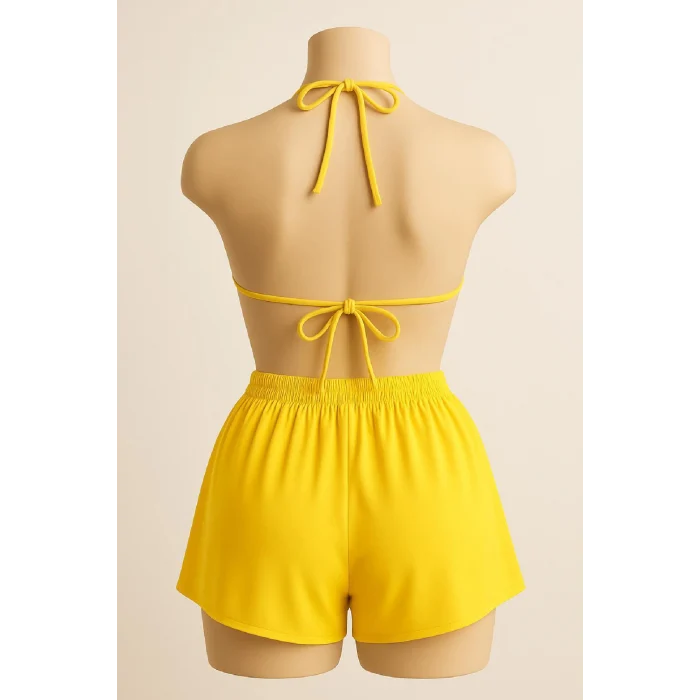 Kadın Sarı Şortlu Belden ve Boyundan Bağlamalı Bikini Takımı – Modern, Konforlu ve Günlük Kombinlere Uygun