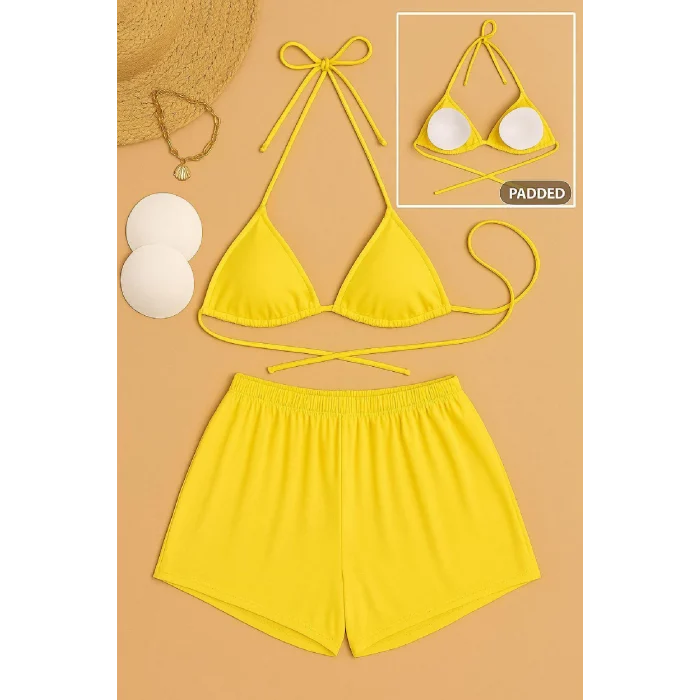 Kadın Sarı Şortlu Belden ve Boyundan Bağlamalı Bikini Takımı – Modern, Konforlu ve Günlük Kombinlere Uygun