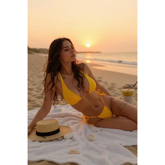 Kadın Sarı Yandan Bağlamalı Tangalı Üçgen Bikini Mayo Takımı – Modern, Konforlu ve Günlük Kombinlere Uygun