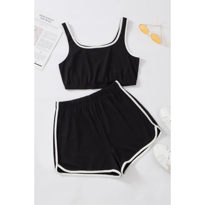 Kadın Siyah Askılı Crop Top ve Şortlu Gecelik Takım