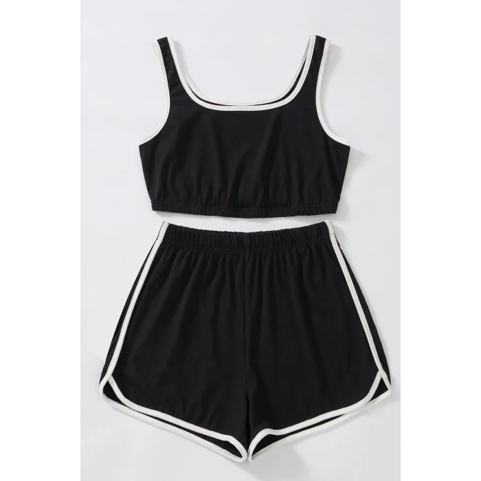 Kadın Siyah Askılı Crop Top ve Şortlu Gecelik Takım