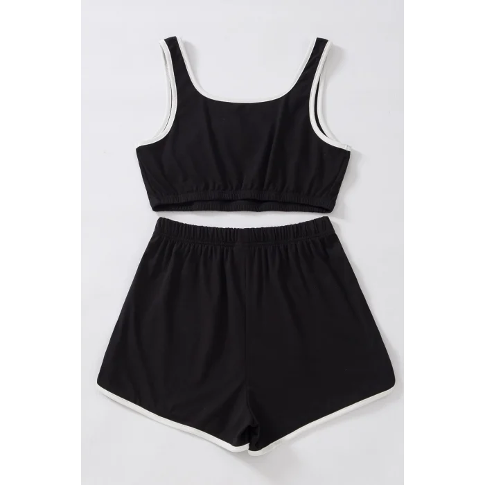 Kadın Siyah Askılı Crop Top ve Şortlu Gecelik Takım