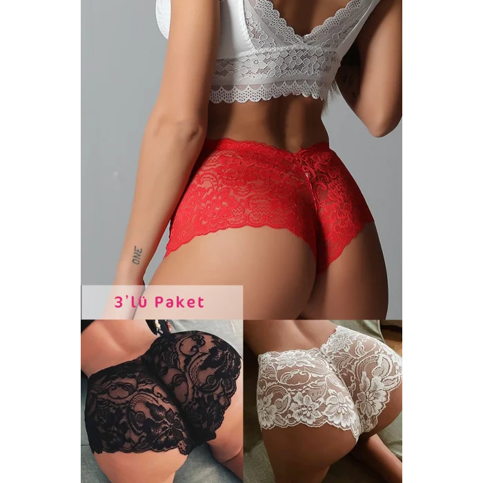 Kadın Siyah Beyaz Kırmızı 3lü Paket Dantel Tanga Şort Külot – Modern ve Şık Tasarım