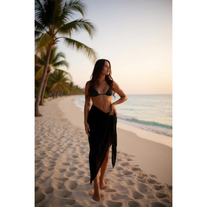 Kadın Siyah Bodrum Stili Bağlama Detaylı 150x75 Pareo – Modern ve Şık Tasarım