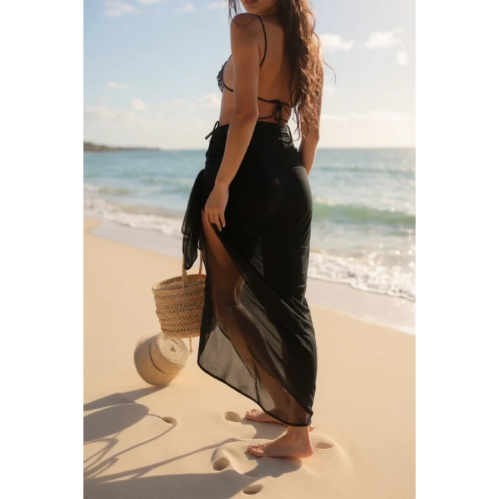 Kadın Siyah Bodrum Stili Bağlama Detaylı 150x75 Pareo – Modern ve Şık Tasarım
