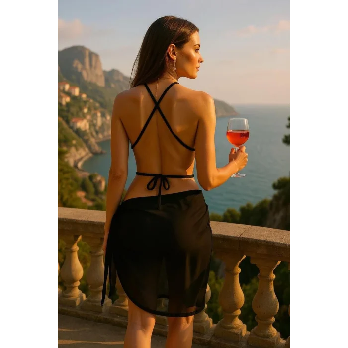 Kadın Siyah Çapraz Bağlamalı Crop ve Pareo 2li Set – Modern ve Şık Tasarım