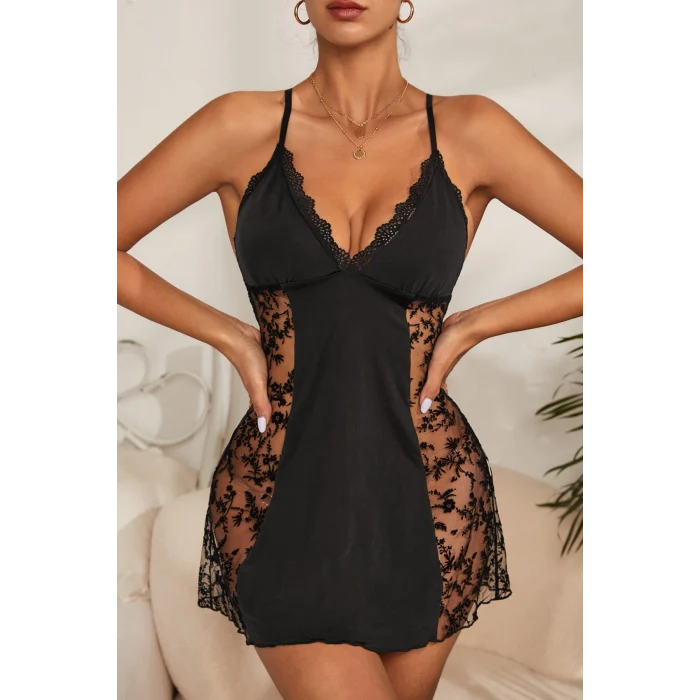 Kadın Siyah Çapraz Sırt Dekolteli Transparan Dantel Gecelik