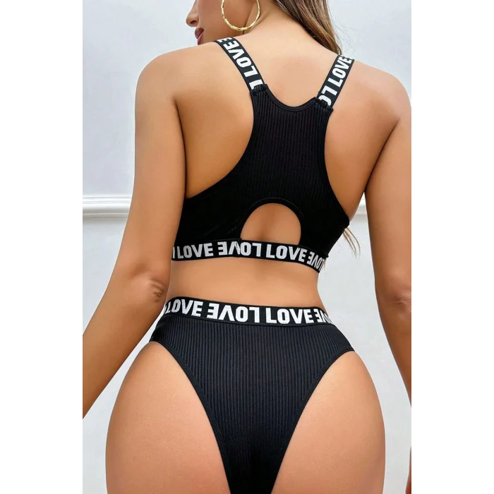 Kadın Siyah Çapraz Sırt ve Love Lastik Detaylı Sütyen Külot Takım