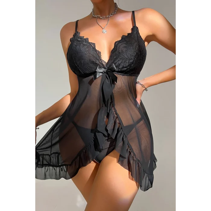 Kadın Siyah Dantelli, Fırfırlı Tül ve Fiyonk Detaylı Tangalı Gecelik Takımı