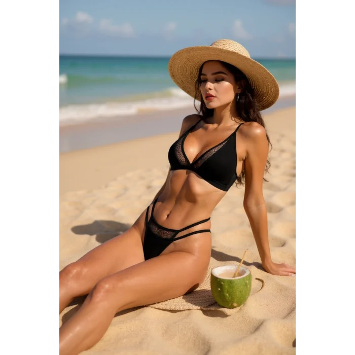 Kadın Siyah File Detaylı Özel Bikini Takımı – Modern, Konforlu ve Günlük Kombinlere Uygun