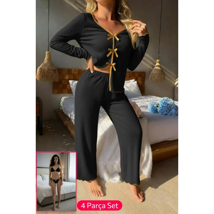 Kadın Siyah Fiyonklu İç Çamaşırı ve Uzun Kollu V Yaka Pijama Takımı 4lü Set