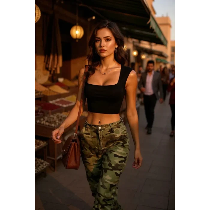 Kadın Siyah Kare Yaka Kalınlaşan Omuz Detaylı Crop Top Bluz