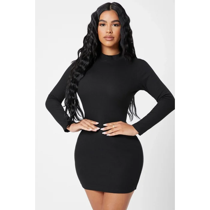 Kadın Siyah Kaşkorse Balıkçı Yaka Uzun Kollu Bodycon Mini Elbise