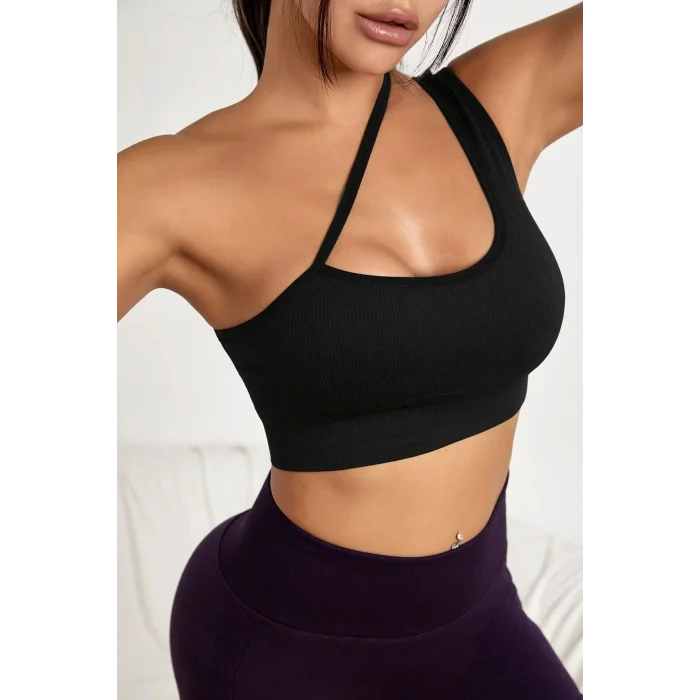 Kadın Siyah Tek Omuzlu Çapraz Askılı Crop Top Büstiyer – Modern ve Şık Tasarım