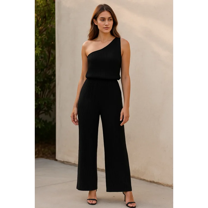 Kadın Siyah Tek Omuzlu Şık Bluz & Geniş Paça Pantolon İkili Takım – Modern, Konforlu ve Günlük Kombinlere Uygun