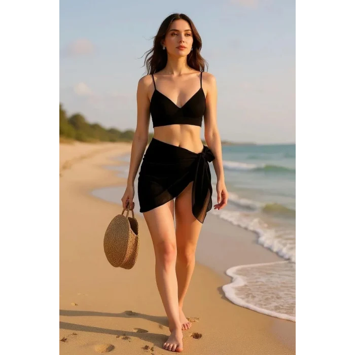 Kadın Siyah Transparan Belden Bağlamalı Pareo – Modern ve Şık Tasarım