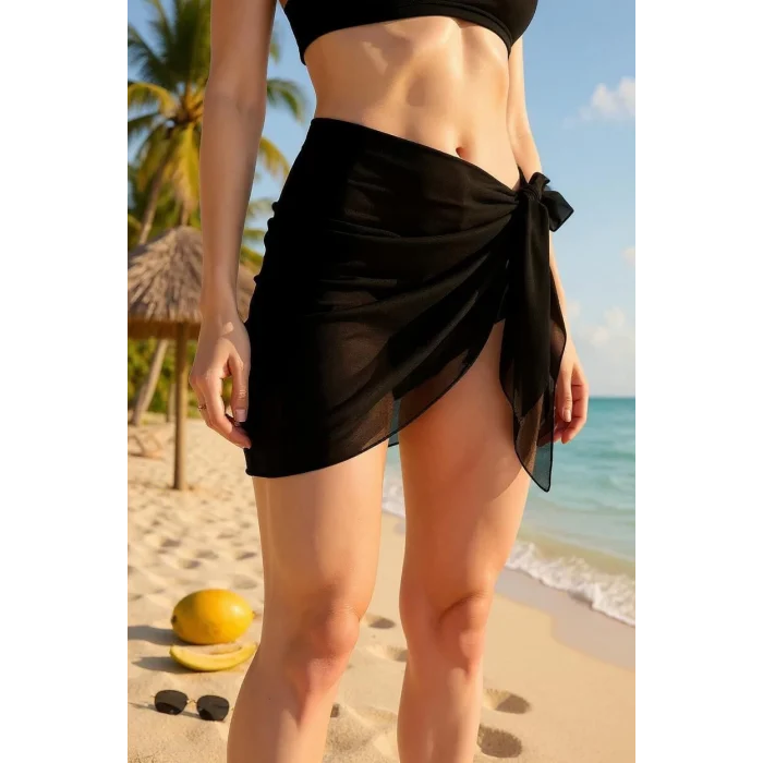 Kadın Siyah Transparan Belden Bağlamalı Pareo – Modern ve Şık Tasarım