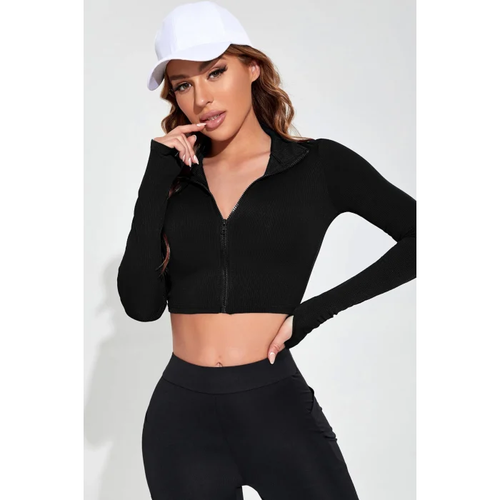 Kadın Siyah Uzun Kol Fermuarlı Parmak Geçme Detaylı Dik Yaka Crop Top Bluz