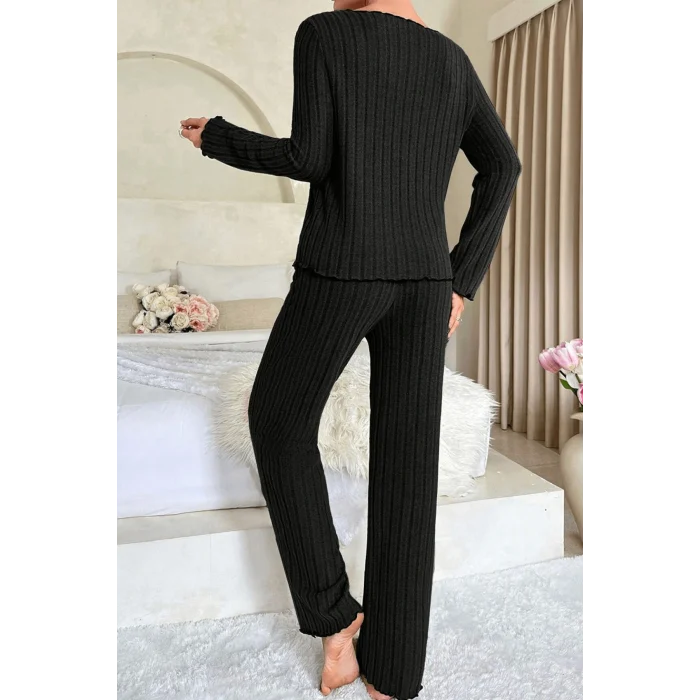 Kadın Siyah Uzun Kollu Fiyonklu Yuvarlak Yaka Mevsimlik Pijama Takımı