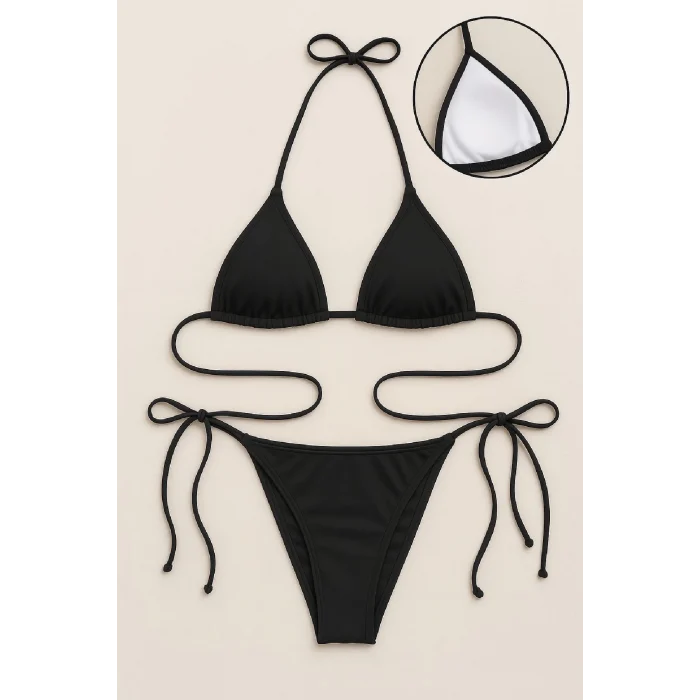 Kadın Siyah Yandan ve Boyundan Bağlamalı Bikini Mayo Takımı – Modern, Konforlu ve Günlük Kombinlere Uygun