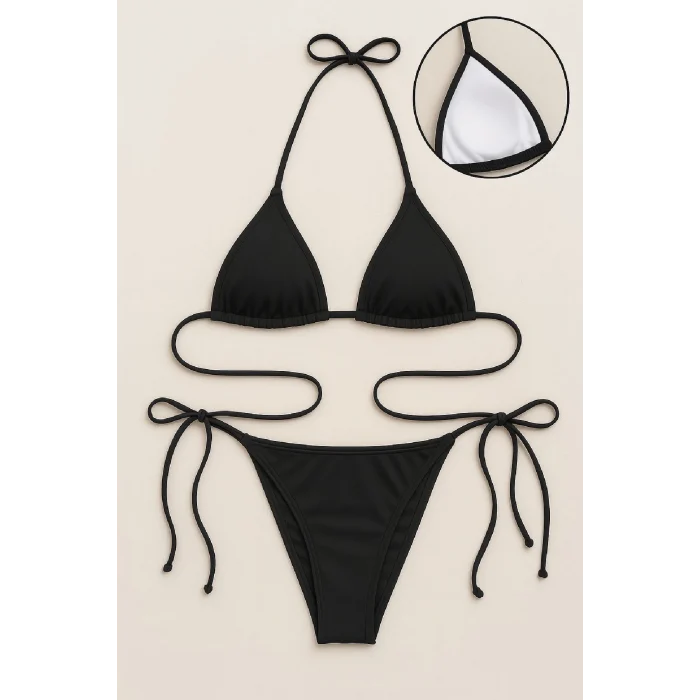 Kadın Siyah Yandan ve Boyundan Bağlamalı Bikini Mayo Takımı – Modern, Konforlu ve Günlük Kombinlere Uygun