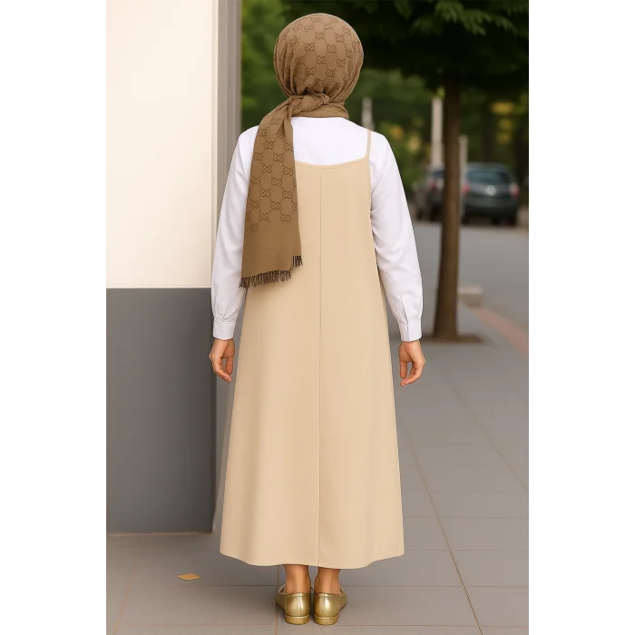 Kadın Taş Rengi Basic Ayarlanabilir Askılı Jile Elbise