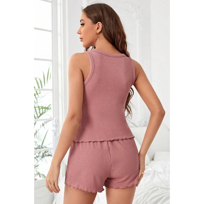 Kadın Tozlu Pembe Kenarları Fırfırlı Şortlu Kaşkorse Gecelik Takımı