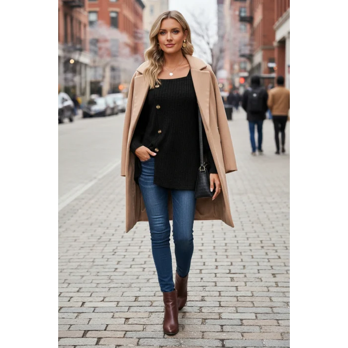 Kadın Uzun Kollu Düğmeli Mevsimlik Bluz – Yumuşak Dokulu, Esnek ve Sıcak Tutan Kumaş