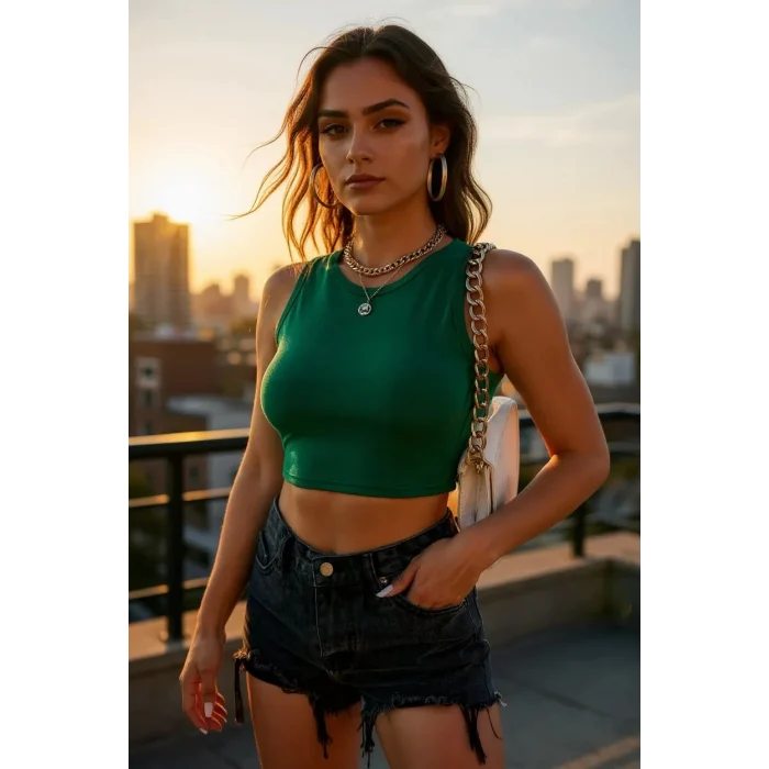 Kadın Yeşil Kare Yaka Crop Top Bluz – Şık, Rahat ve Kolay Kombinlenebilir