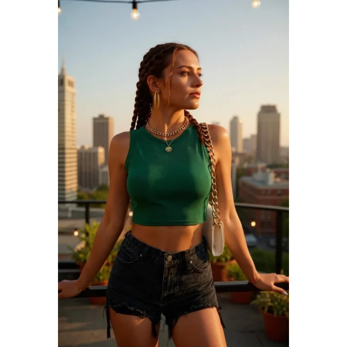 Kadın Yeşil Kare Yaka Crop Top Bluz – Şık, Rahat ve Kolay Kombinlenebilir