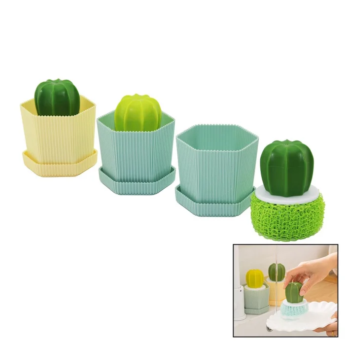 Kaktüs Model Saplı Sert - Renkli Plastik Tel Bulaşık Fırçası  Renkli Plastik Tabaklı Hazne