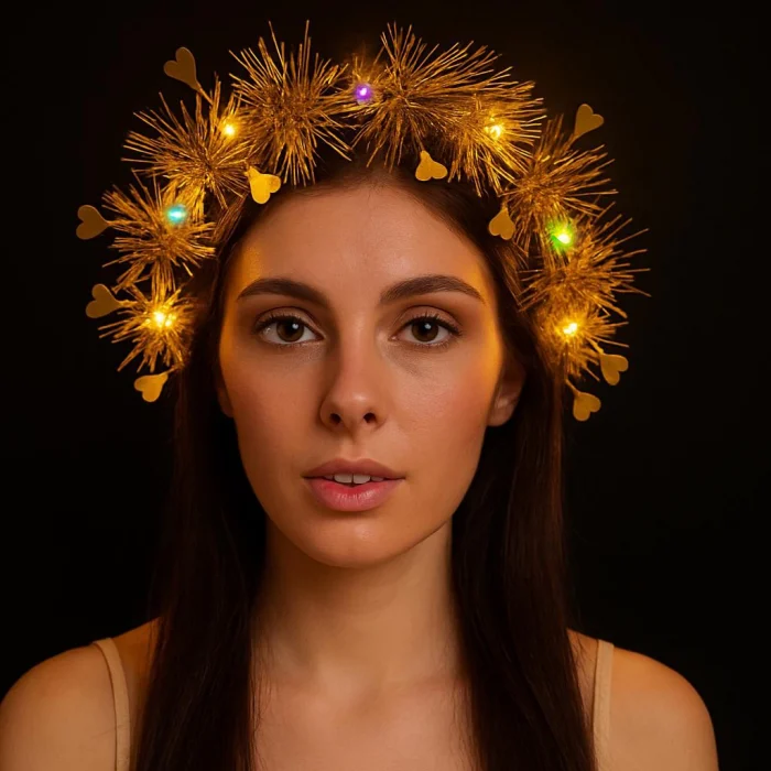 Kalp Püsküllü Gece Parıltısı 3 Modlu Led'li Işıklı Taç Altın Renk