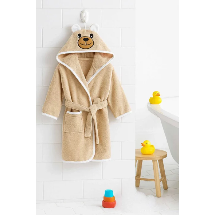 Kapşonlu Unisex &#37;100 Pamuklu Çocuk Banyo Bornozu Bear