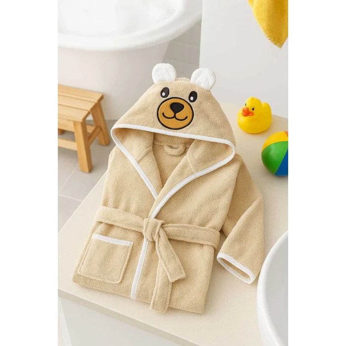Kapşonlu Unisex &#37;100 Pamuklu Çocuk Banyo Bornozu Bear