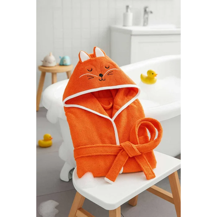 Kapşonlu Unisex &#37;100 Pamuklu Çocuk Banyo Bornozu Fox