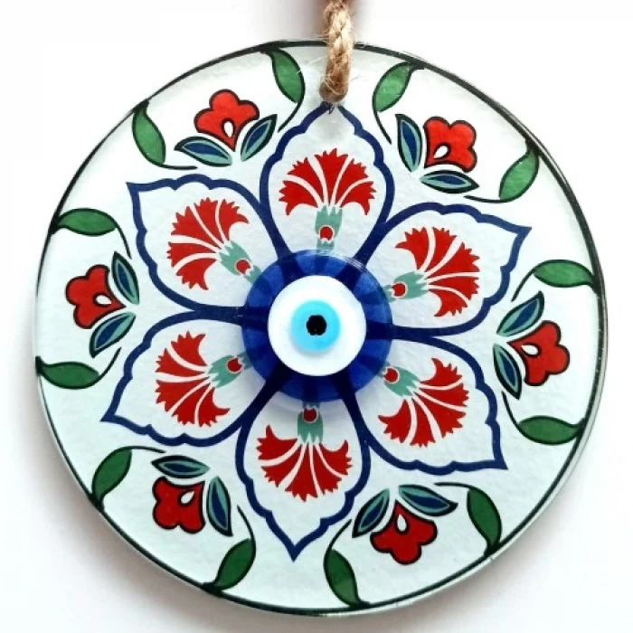 Karanfil Desenli Nazar Boncuklu Füzyon Cam Duvar Süsü