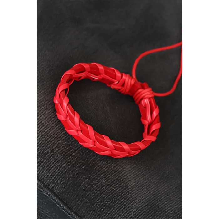Kırmızı Örgü Deri Erkek Bileklik